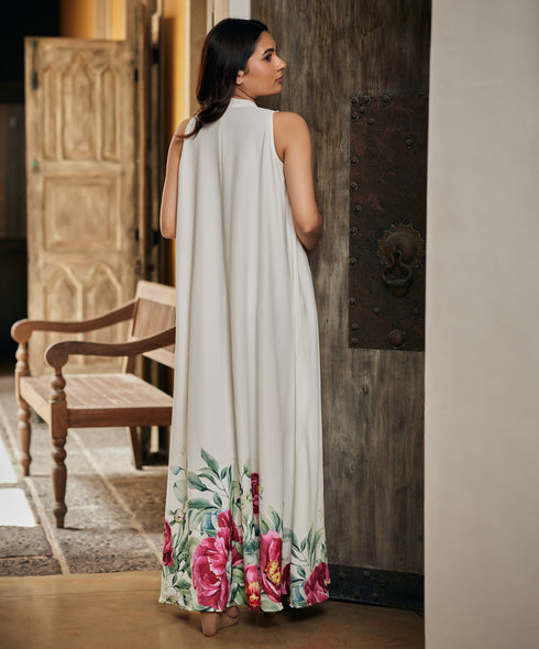 Pink Floral Flared Elegant Maxi Dress